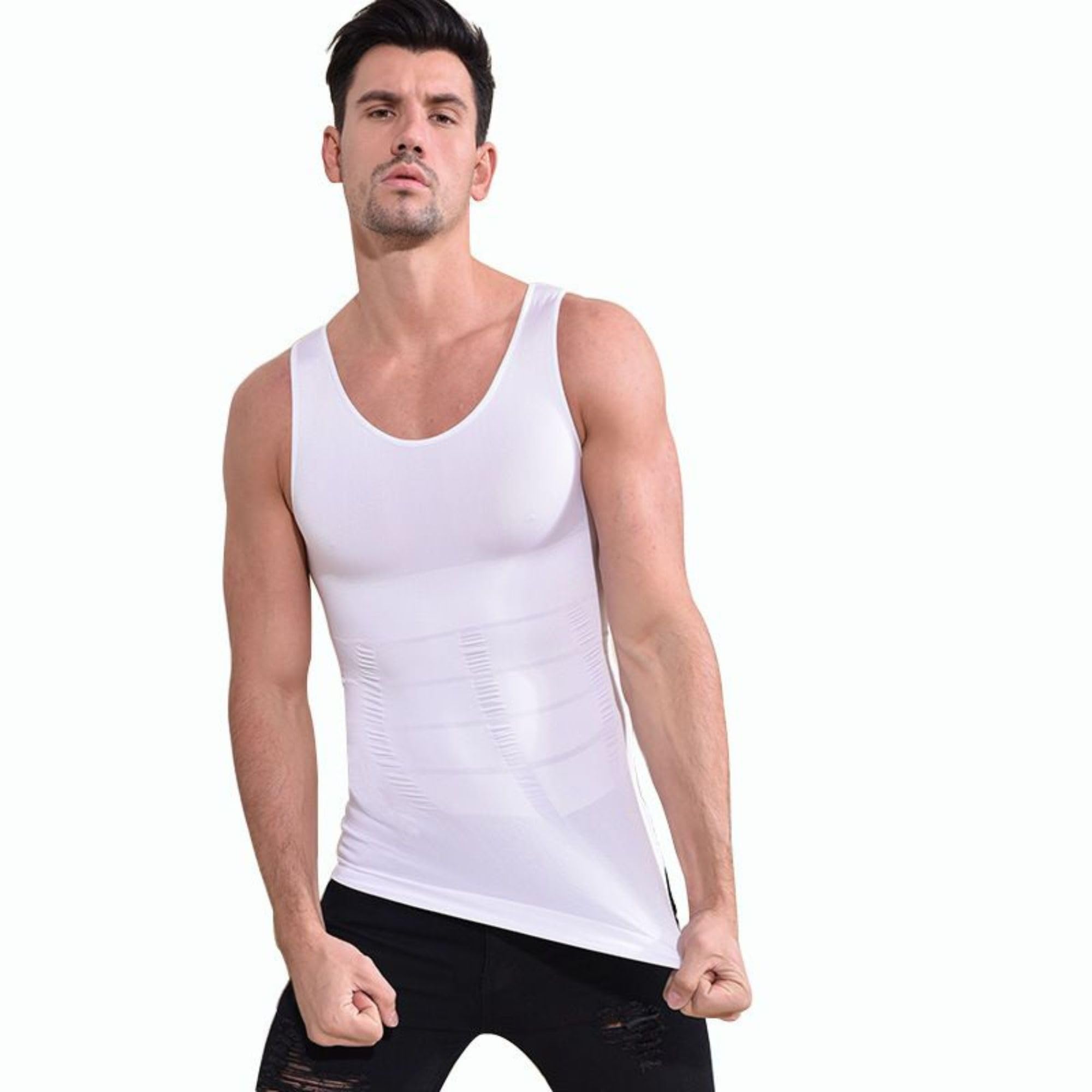 Men’s Slimming Body Shaper Vest | Tummy Control Compression Shirt | Stretchable Abdomen Slimming Innerwear White-image-44