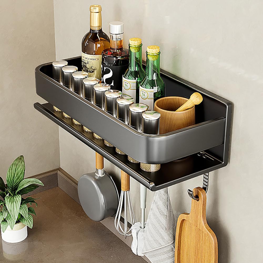Xyagyund Black Hanging Pot Rack, Spice Rack Wall Mounted With 5 Hooks,Utensil, Carbon Steel Racks Organiser For Jars And Seasoning Bottles(,30Cm)
