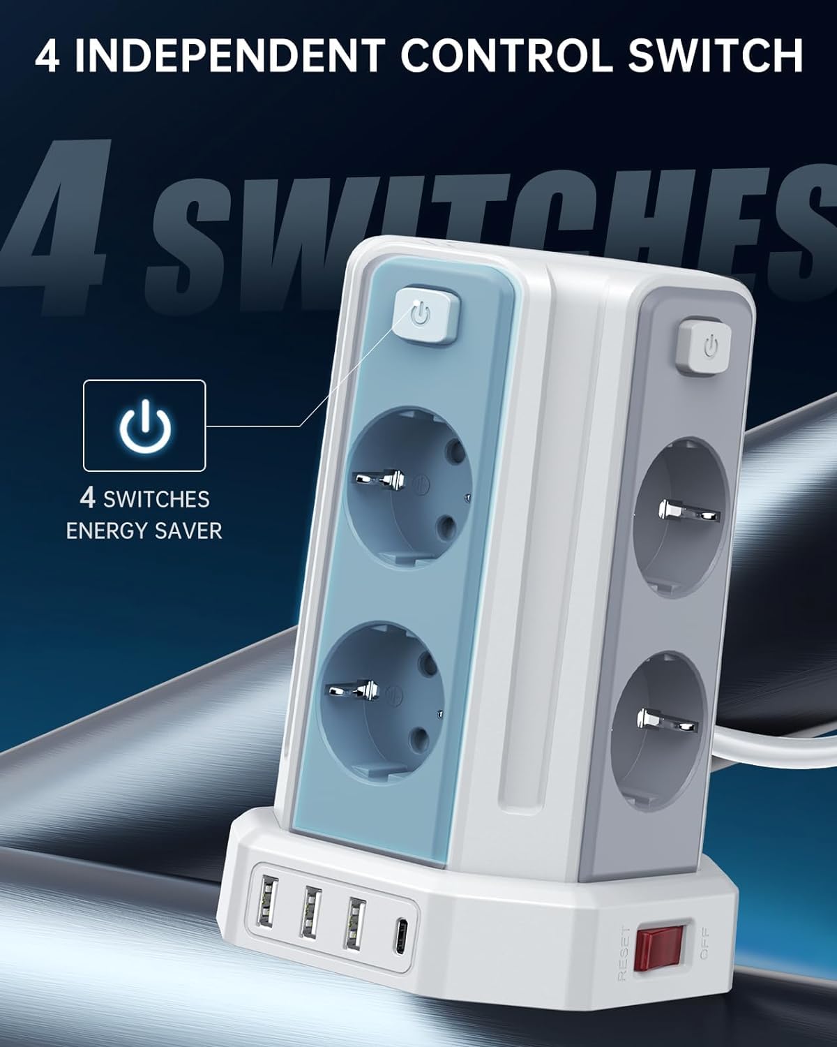 2 Metri Sameriver Ciabatta Elettrica Multipresa, con 8 Prese e 3 USB A+1 USB C(2500W/10A), protezione Sovratensione con interruttori indipendenti,Bianco F (Schuko)