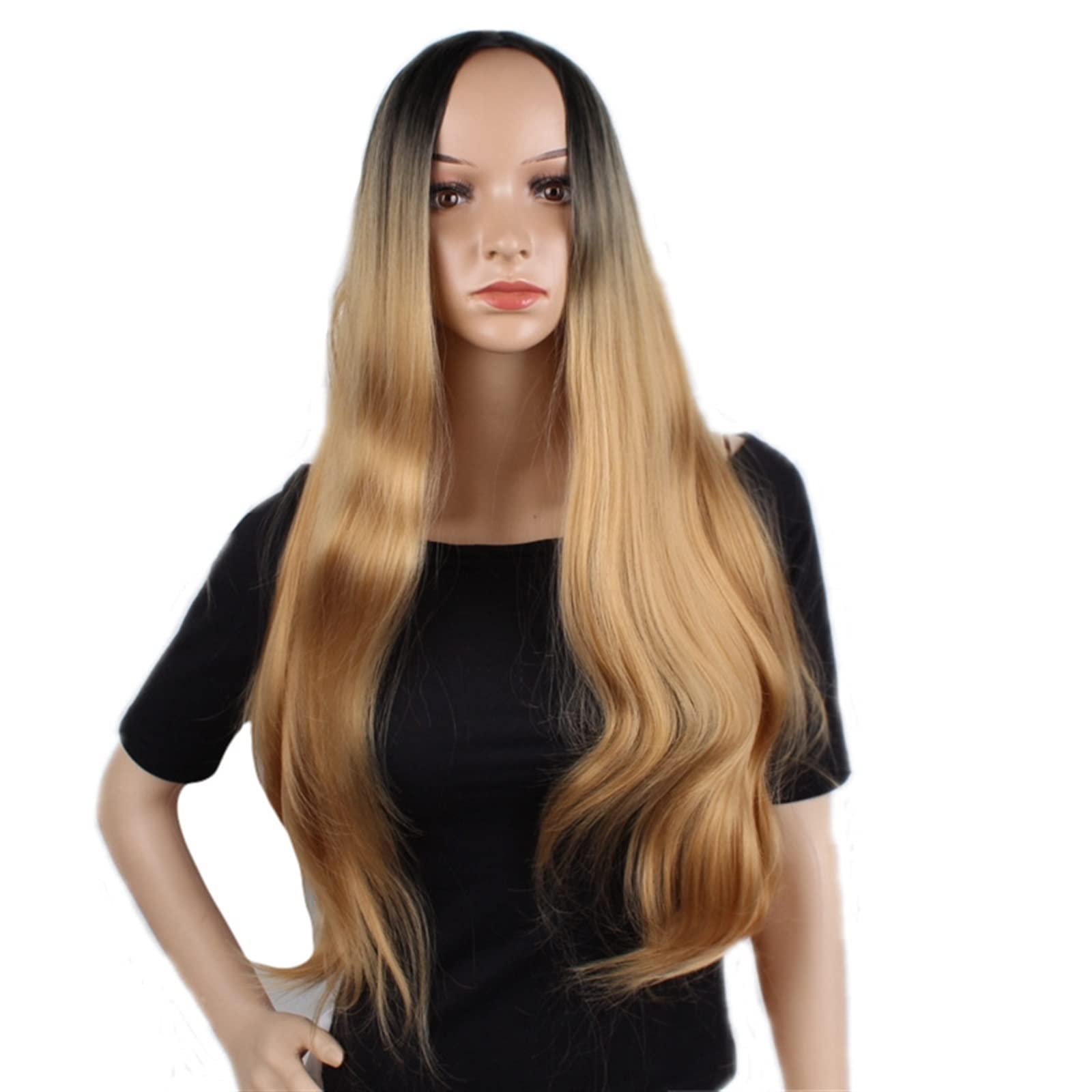 INGVYWig， Dyed Black Gradual Light Brown Big Wave Long Curly Hair 70cm Full Head Wig Cover Wig