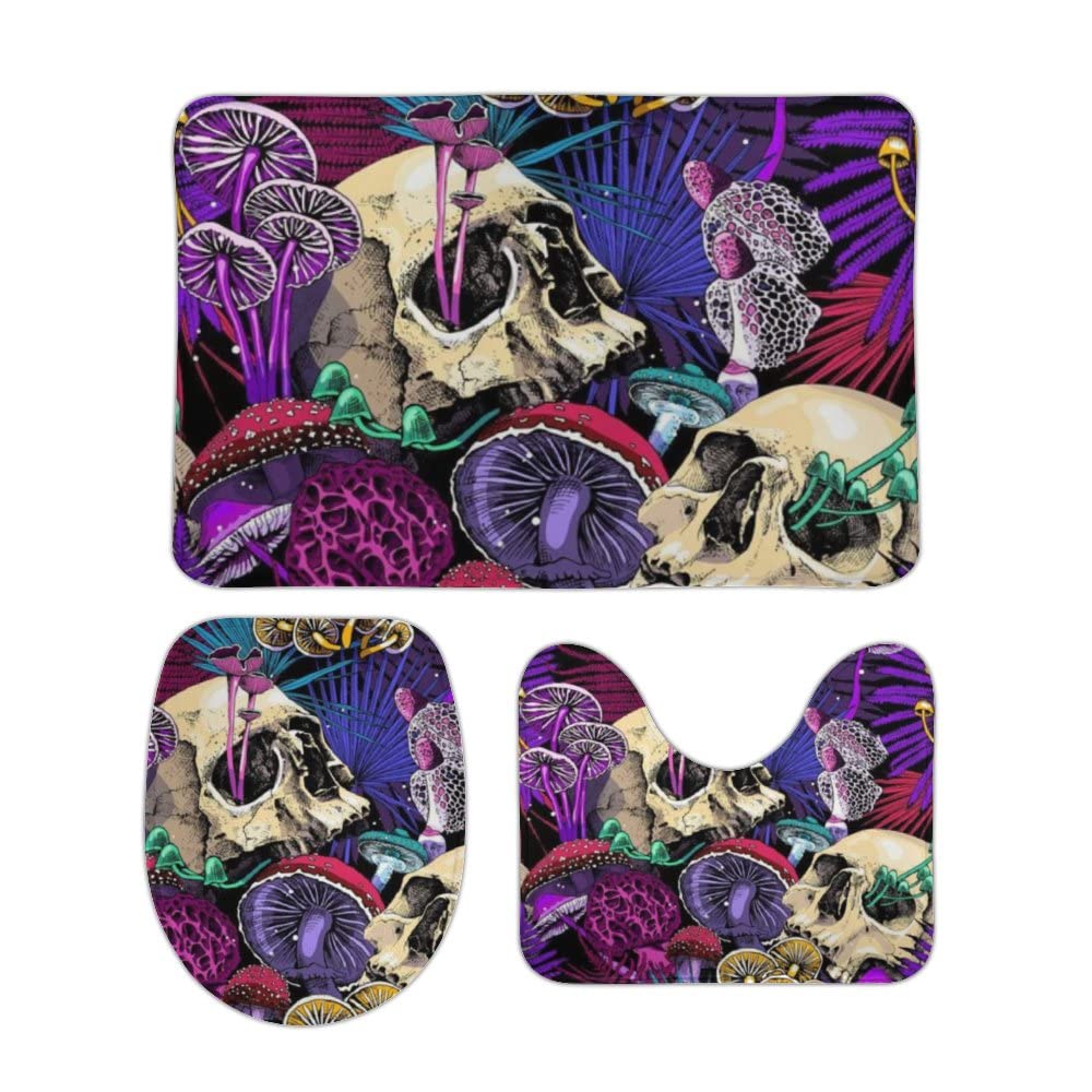 3 Pieces Bathroom Rugs Set Non-Slip Bath Mats Colorful Mushrooms with Human Skulls Contour Toilet Lid Cover Tub Shower Rug Floors Doormat Home Decor Absorbent Soft Coral Fleece