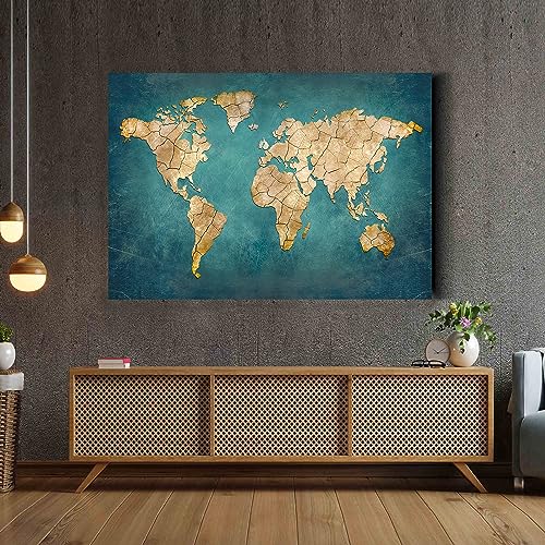 Tela Quadro decorativo p sala Mapa Mundi Arte Dourado 60x40