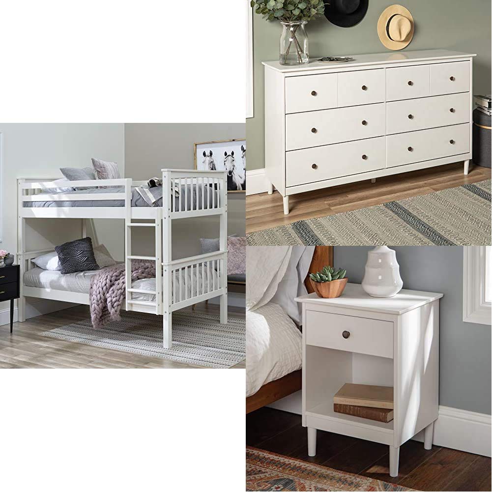 Walker Edison Furniture Wood Twin Bunk Kids Bed Bedroom, White | Bedroom Storage Organizer Closet Ha