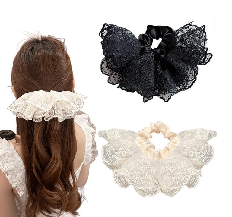 Double Layer Ruffle Lace Hair Scrunchie Tie for Women, Cute Ballet Skirt Ponytail Holder with Invisible Elastic Core, Soft Voluminous Hair Scrunchie for Girls & Women (Multicolor) (1pcs)-image-30