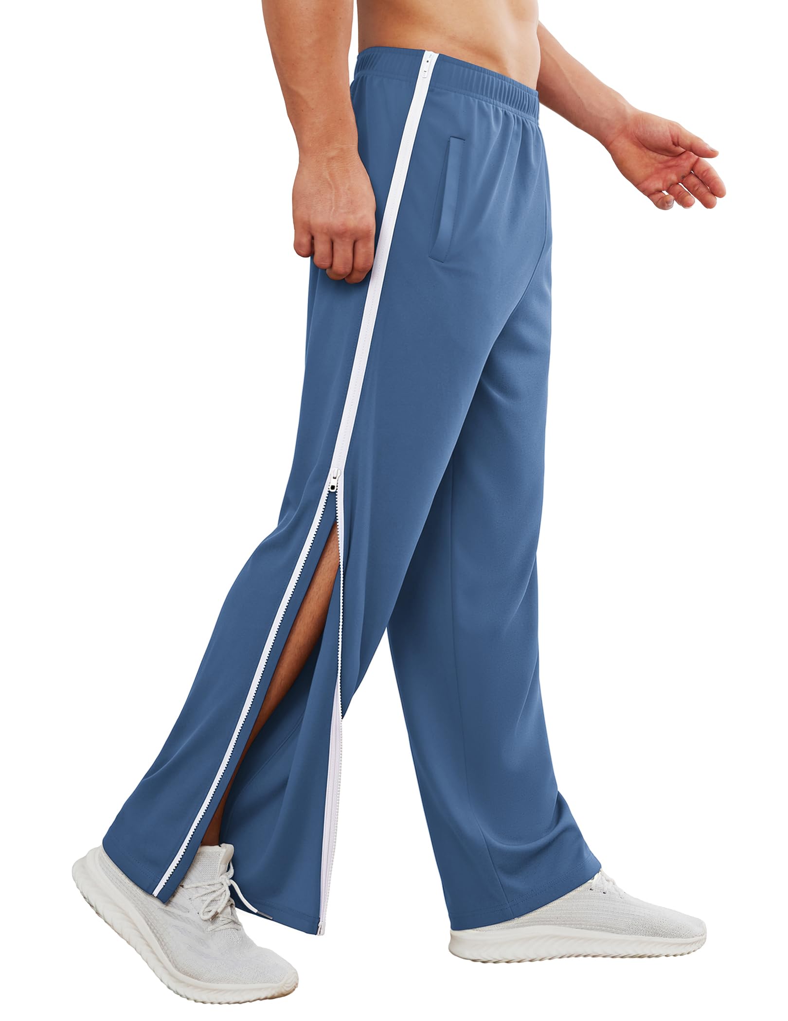 Deyeek Mens Tear Away Basketball Pants Side Zippers Snap Full Open Bottom Breakaway Sweatpants with Zipper Legs Post Surgery Pant Blue Gray