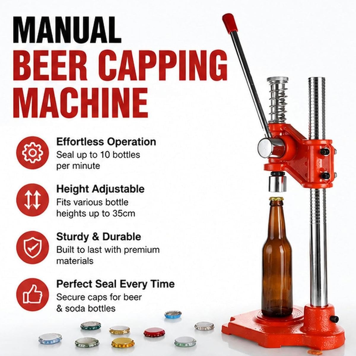 Tappatrice manuale bottiglie birra,regolabile in altezza for tappi 26 mm