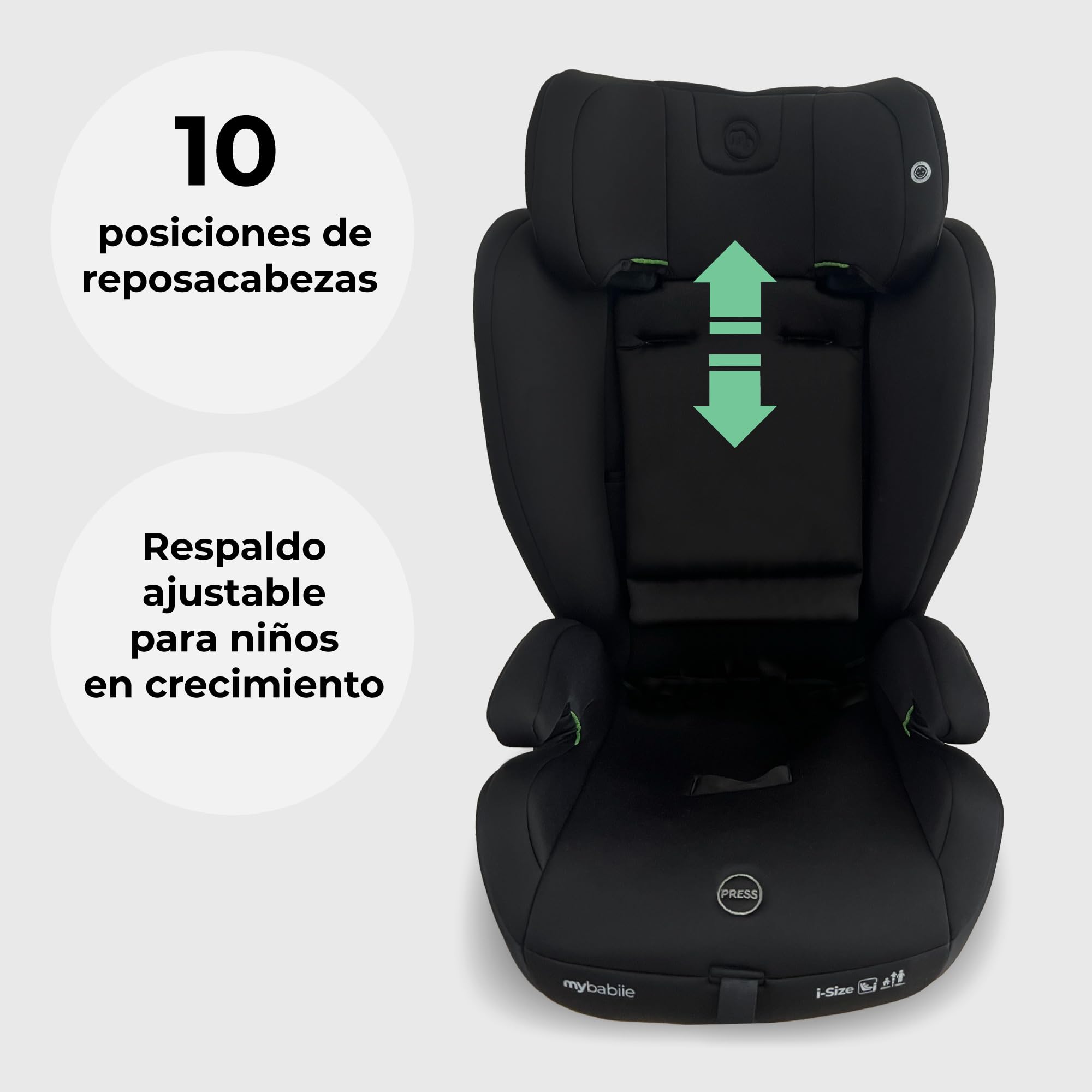 Silla de coche infantil My Babiie MBCS75 i-Size R129 con ISOFIX y Top Tether – de bebé a elevador, arnés ajustable, 76-150 cm (aprox. 9-36 kg / 15 meses a 12 años), grupo 1/2/3, negro