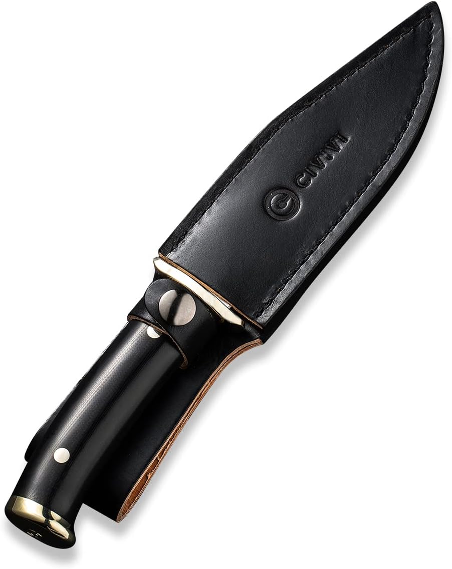 CIVIVI Teton Tickler Fixed Blade Knife with Leather Sheath, 5.45" D2 Satin Blade, Black G10 Handle with Nickel Silver Guard and Pommel C20072-1