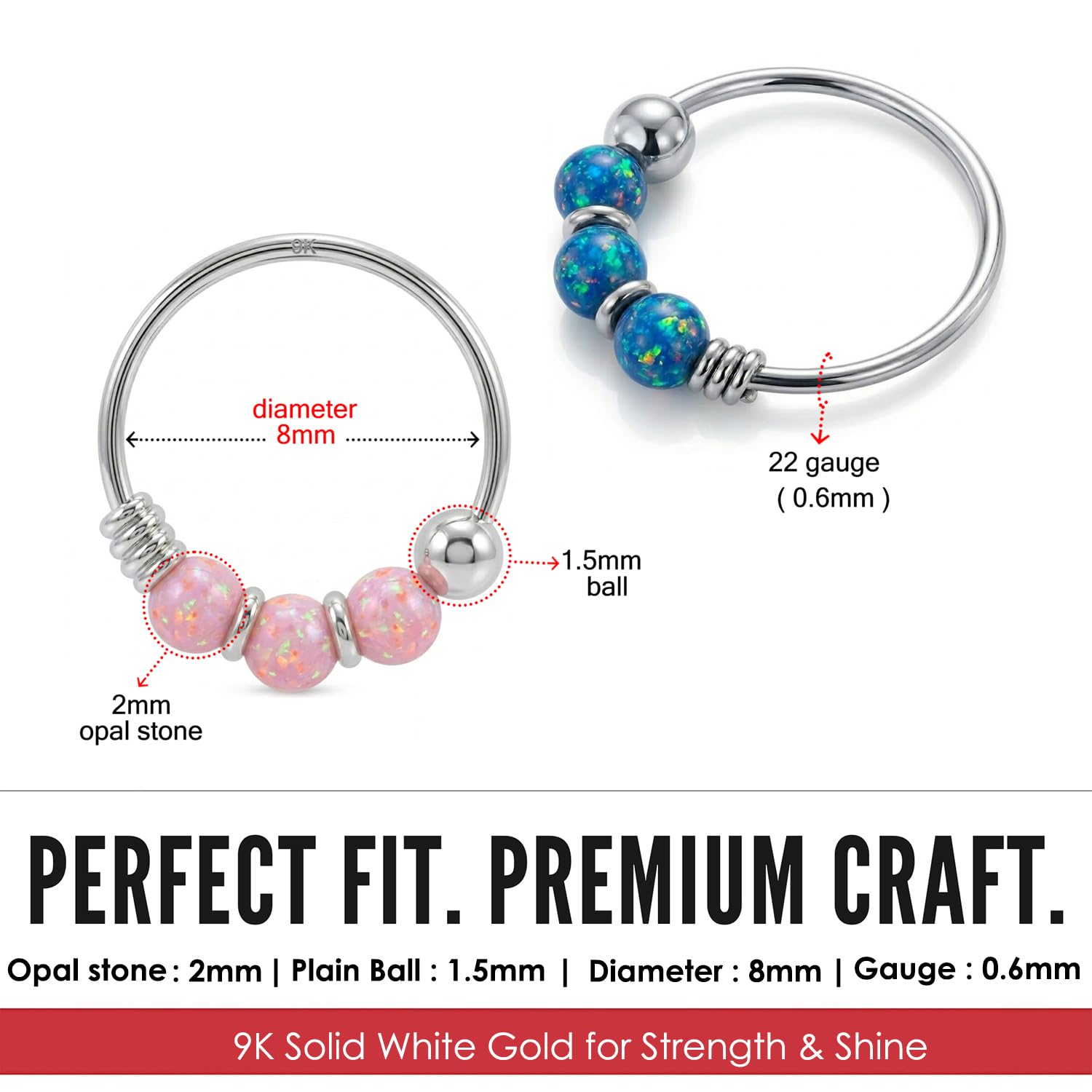 9K Oro Bianco Triplo Opale Perla 22 Gauge Hoop Naso Piercing Anello Gioielli