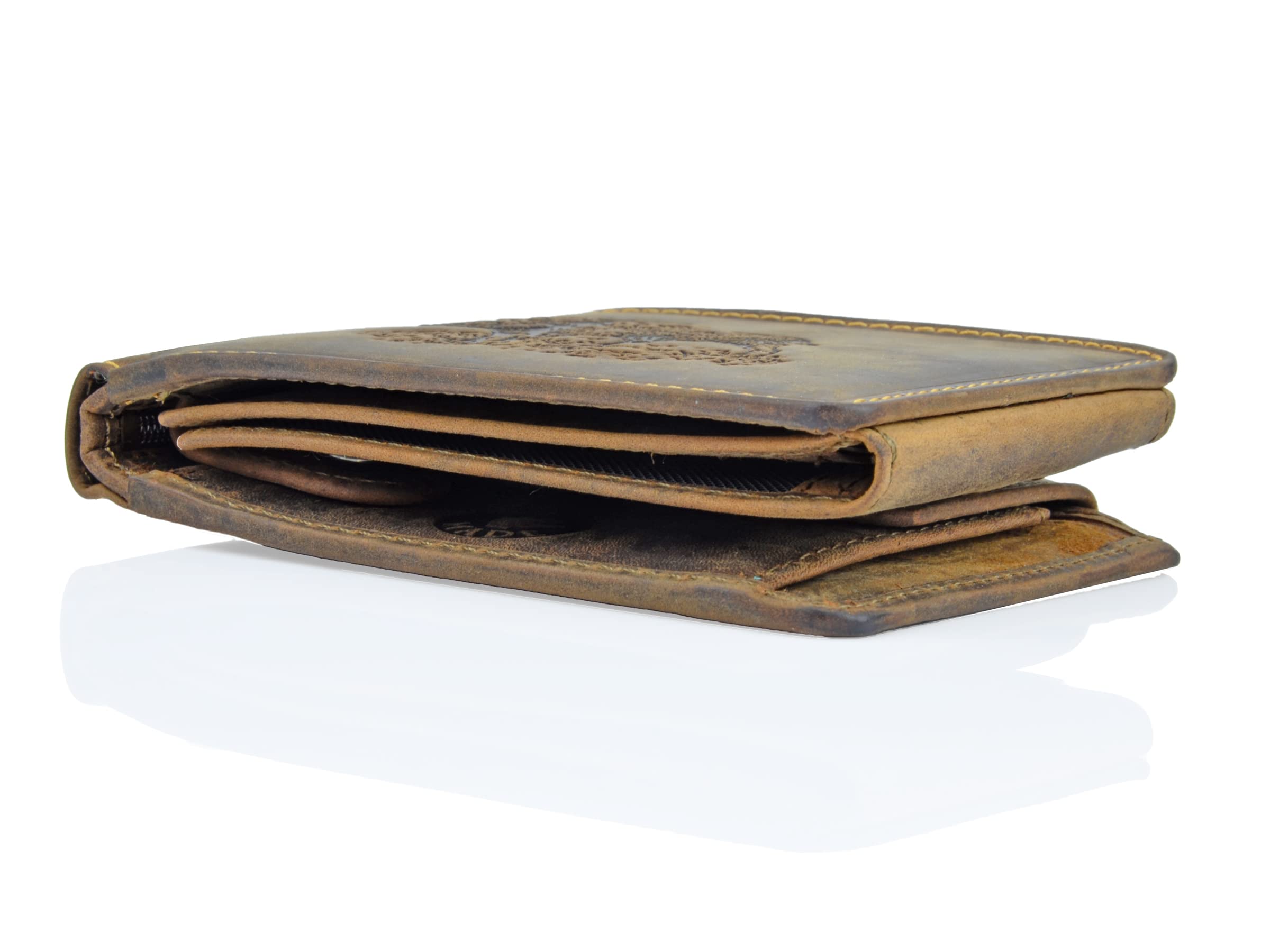 Billetera para Hombre de Cuero Genuino - Billetera Grande de Cuero con Bolsillo para Monedas – Marrón Vintage - Caballo - 12 x 9 x 3 cm