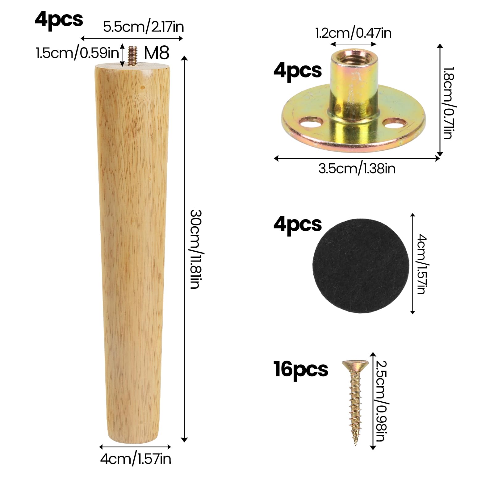 4 Pezzi Gambe per Mobili Legno 30CM Piedini per Mobili Ricambio Parti di Mobili in legno Gambe per Cabinet Divano Letto Tavolo con Piastra di Montaggio, Pad Antiscivolo e Viti