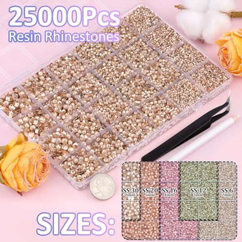 Image of 25000Pcs Resin Rhinestones for Crafting, Champagne 2-6mm Mixed Sizes Non Hotfix Flatback Gems with 1Pcs Glue, Bedazzling Crystal for DIY Craft Clothing Mugs Tumblers Shoes Fabric Decor Nail Art