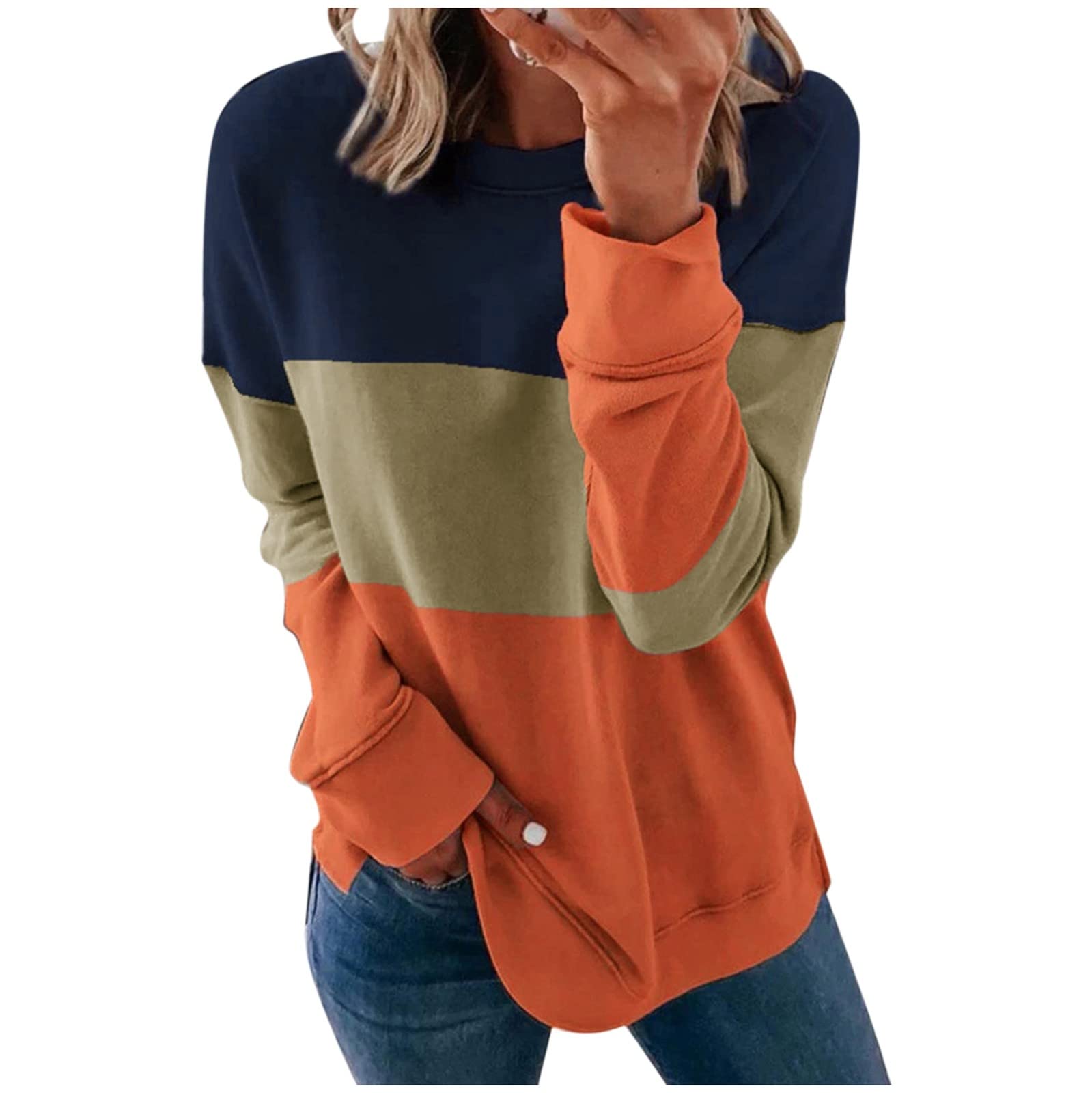 GenericFall Sweatshirts for Women 2023 Fashion Casual Crewneck Long Sleeve Pullover ColorBlock Stripe Print Blouse Loose Fit