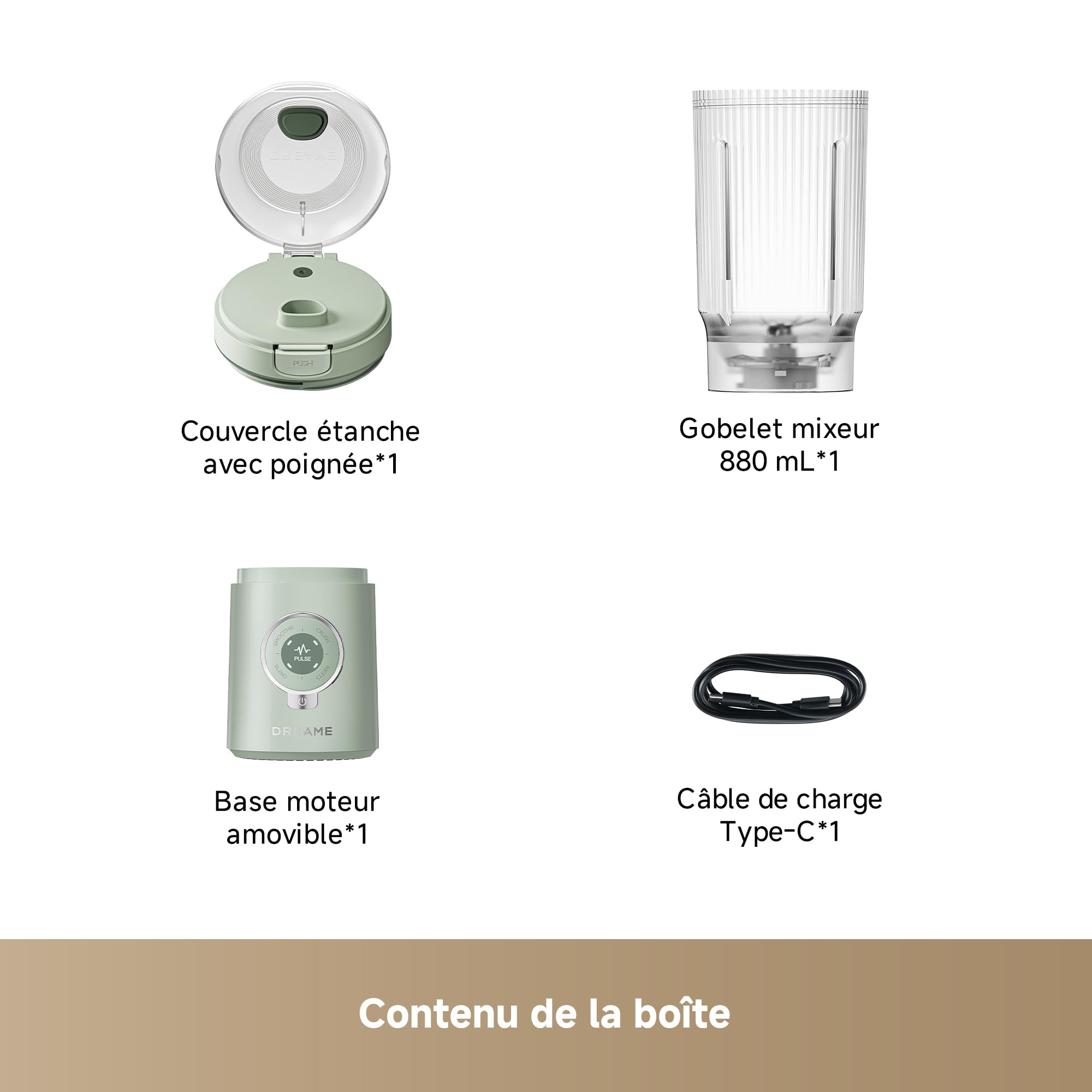 DREAME PortFresh Portable Blender, base moteur rangeable, charge rapide, gobelet 880 mL sans BPA (capacité de mixage 500 mL), 5 fonctions préréglées, mode autonettoyant, compatible lave-vaisselle