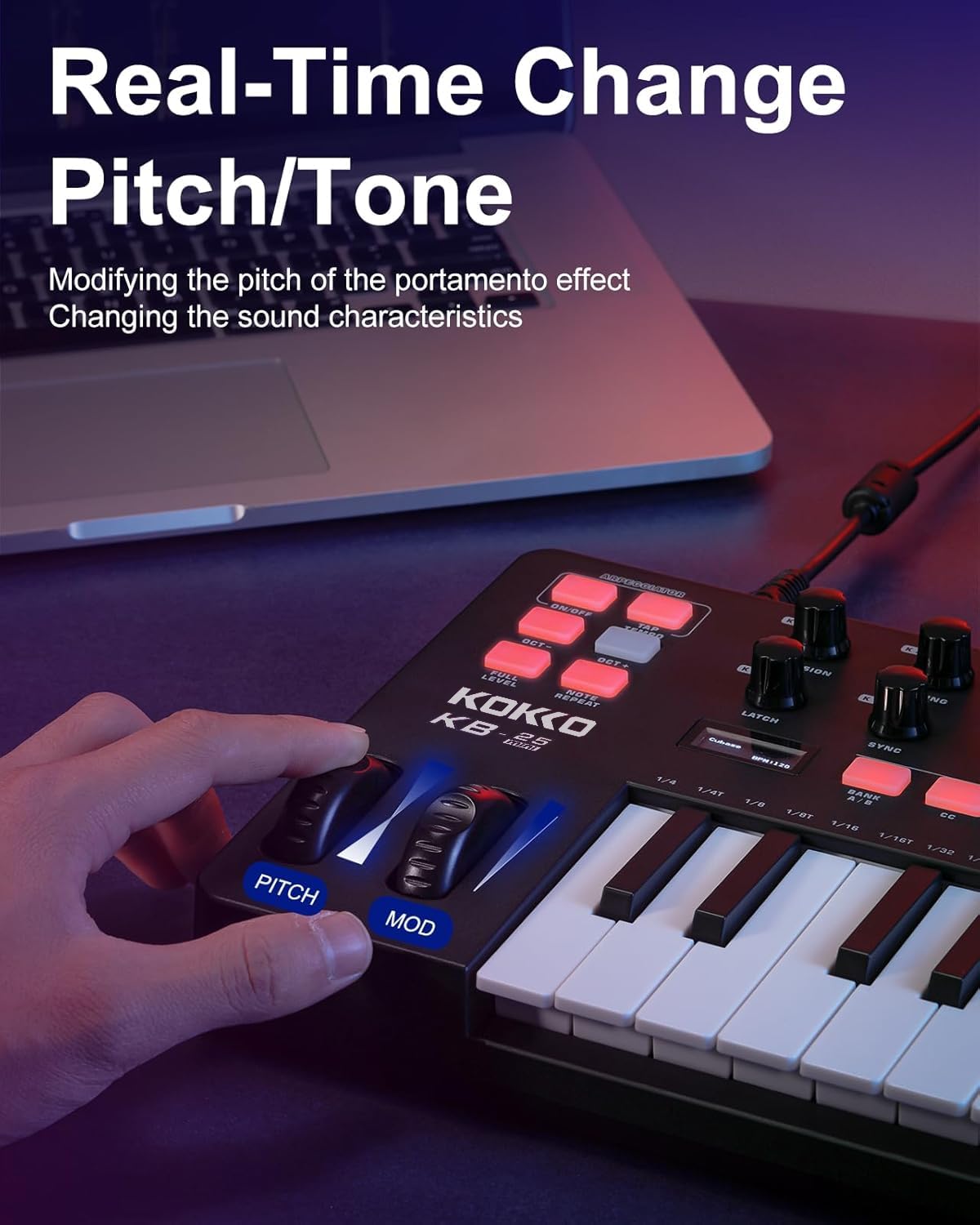 AZOR KOKKO MIDI Keyboard, Mini KB-25 25 Key MIDI Controller mit 8 hintergrundbeleuchteten Drum-Pads, 8 Reglern und Pitch Bend Wheel, Modulationsrad für Musikproduktion, Cubase LE Software enthalten