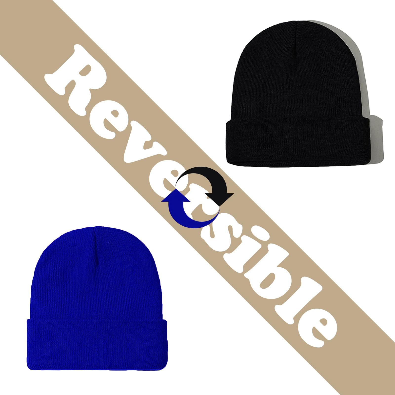 ZOORON Beanie for Women Men Warm Reversible Winter Hats Unisex Cuffed Plain Skull Knit Hat Fisherman Beanies Black RoyalBlue
