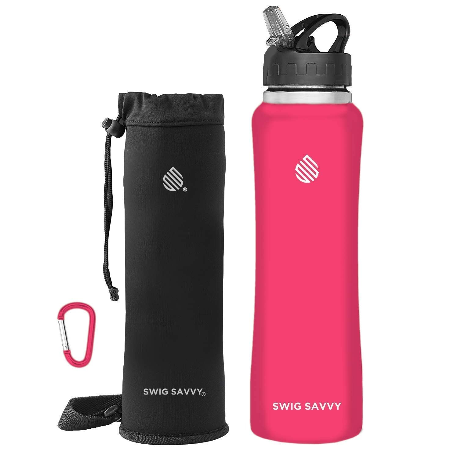 Swig Savvy Vacuum Insulated Stainless Steel Water Bottle Leak Proof with Straw and Traveling Pouch, Keeps Liquids Hot or Cold 32oz (Pink)