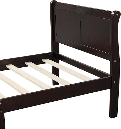 Miniatura 5 de MERITLINE Base de cama tamaño individual, plataforma de madera maciza, base de colchón, cama de trineo con cabecero, estribo, soporte de listones de