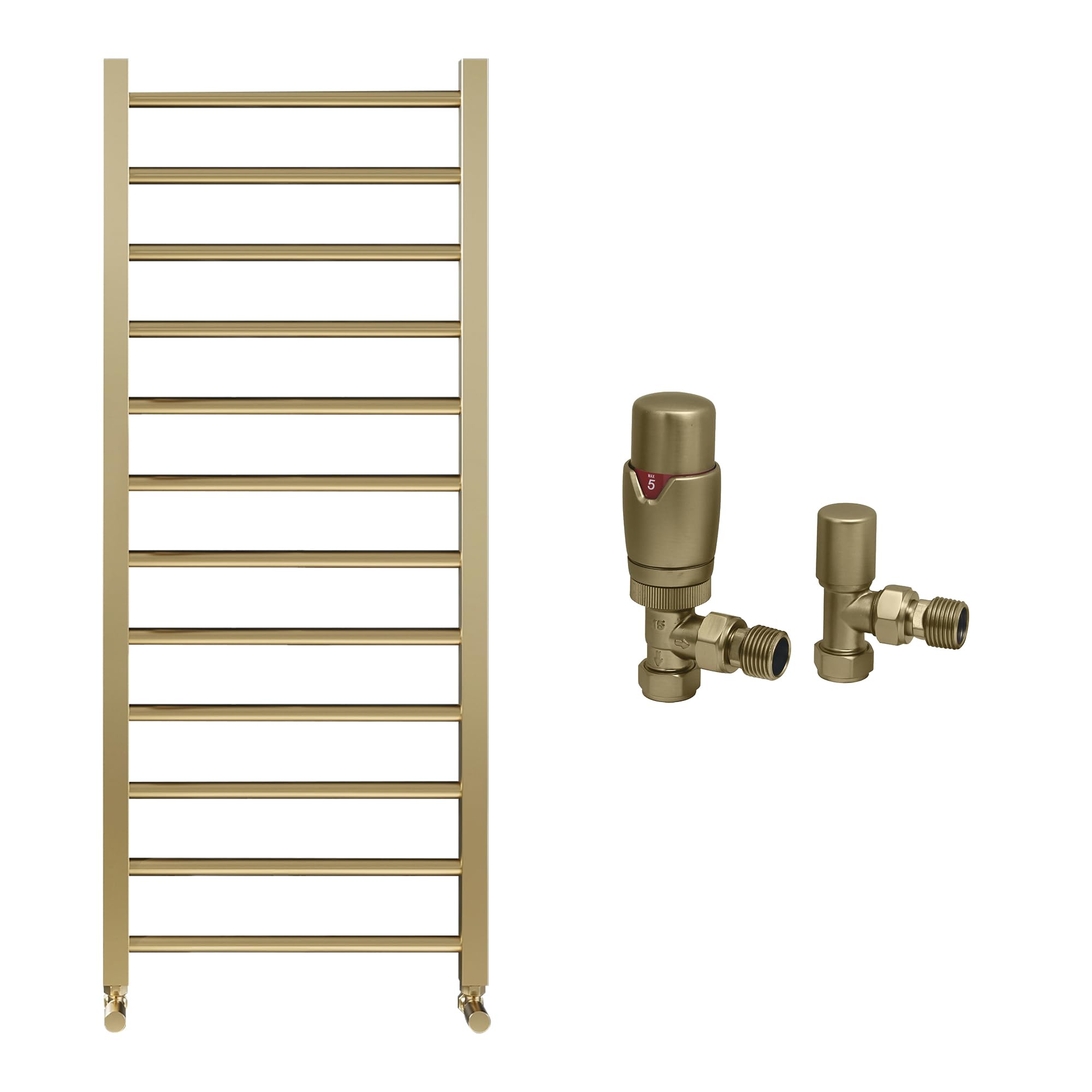 Brushed Brass Bathroom Straight Heated Towel Rail Radiator 500 x 1200 & Angled Thermostatic Valves