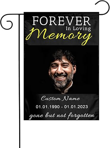 Bandera conmemorativa personalizada con nombre de foto fecha pancarta de doble cara para patio al aire libre 12 x 18 pulgadas poliéster