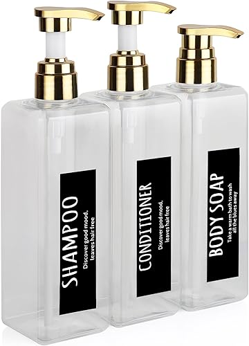 Juego de 3 dispensadores de champú y acondicionador negro, botellas de champú de 16.9 onzas recargables con bomba, dispensador de gel corporal para