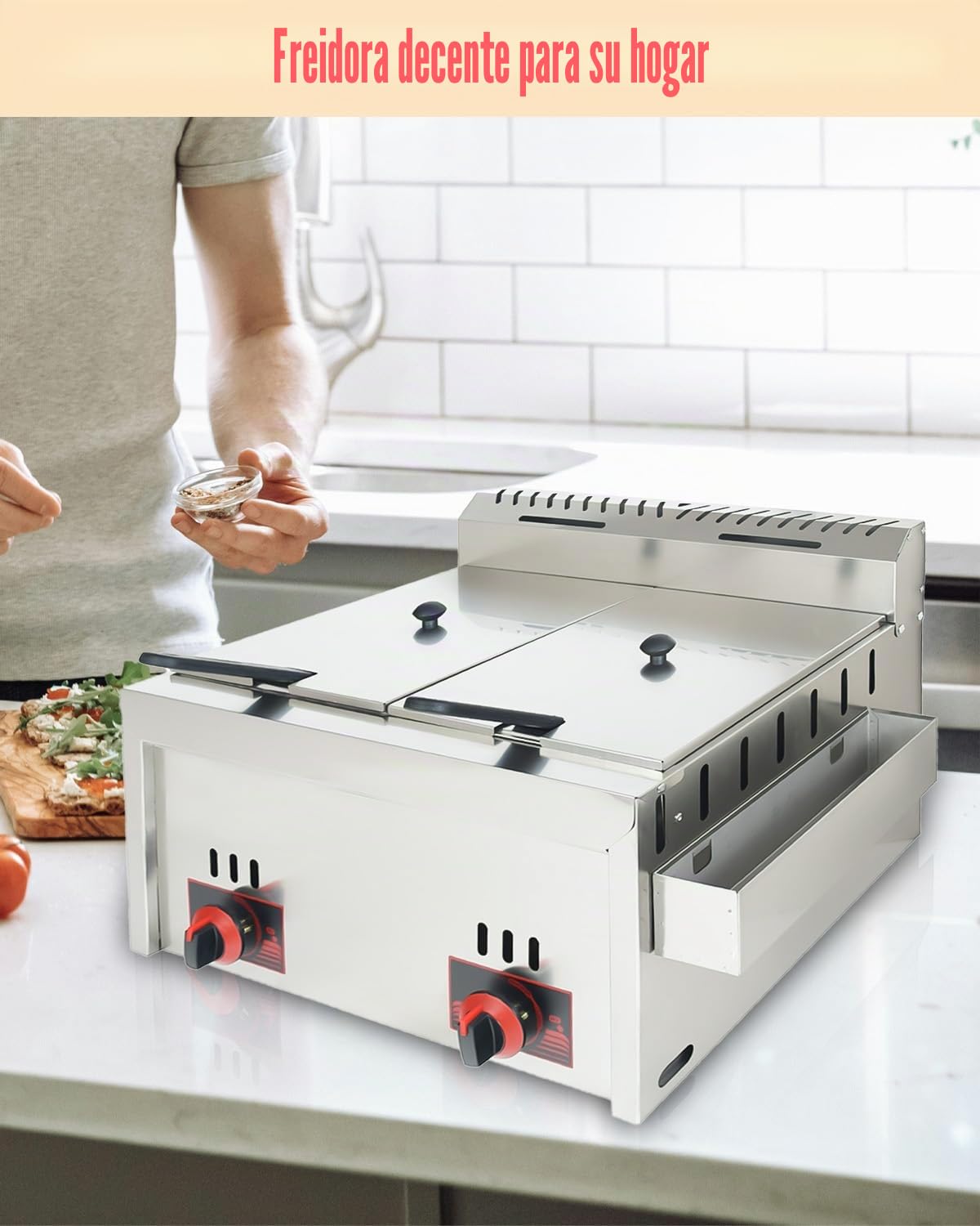 Freidora de Gas Profesional 20L Doble Tanque en Acero Inoxidable de Alta Capacidad con Cesta para Patatas - Para Restaurantes, Cocinas Domésticas y Quioscos