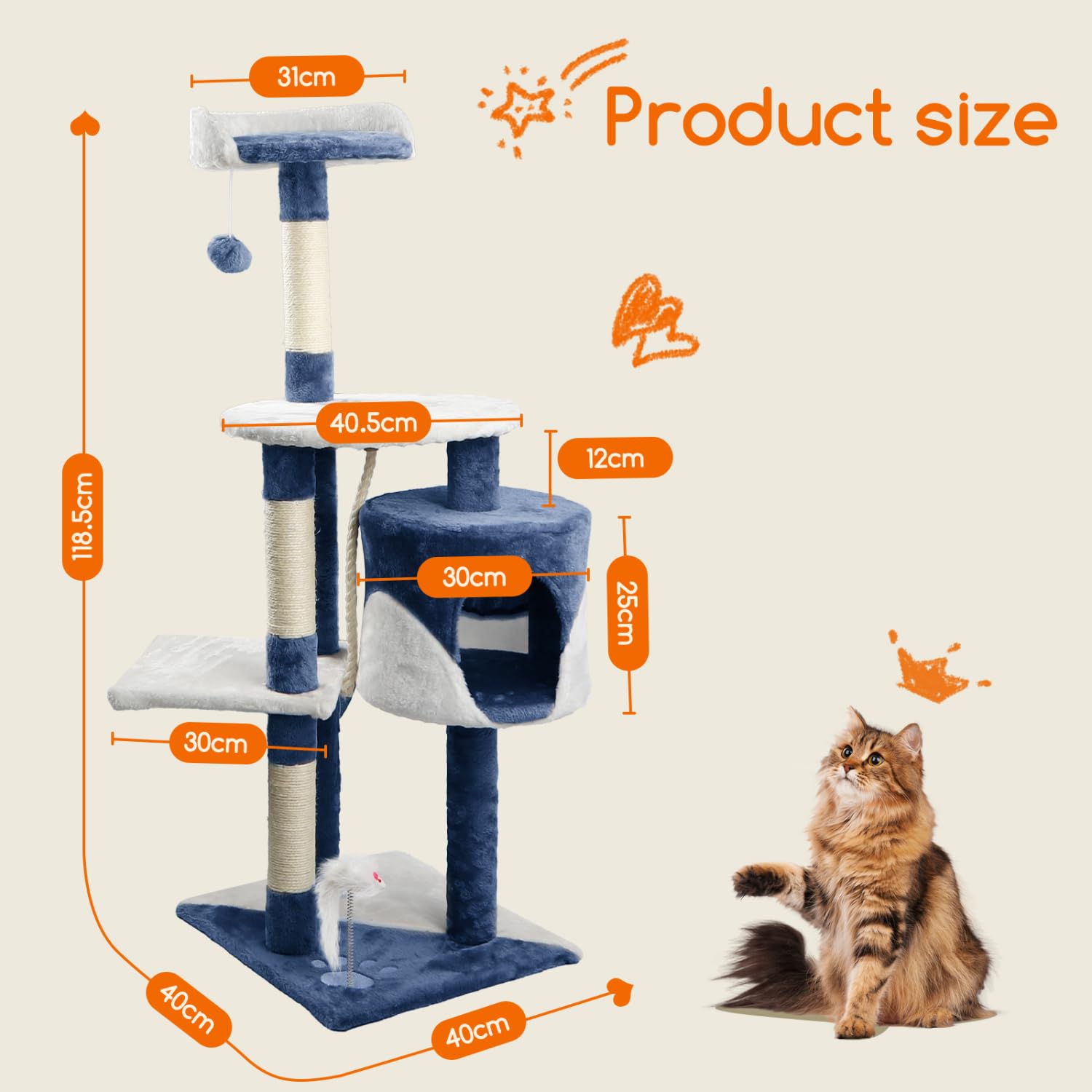 Nobleza Rascador para Gatos, Altura 118.5 cm, Árbol Estable para Gatos, 4 Plataformas, 1 Cueva, 1 Pompón, 1 Peluche, Azul