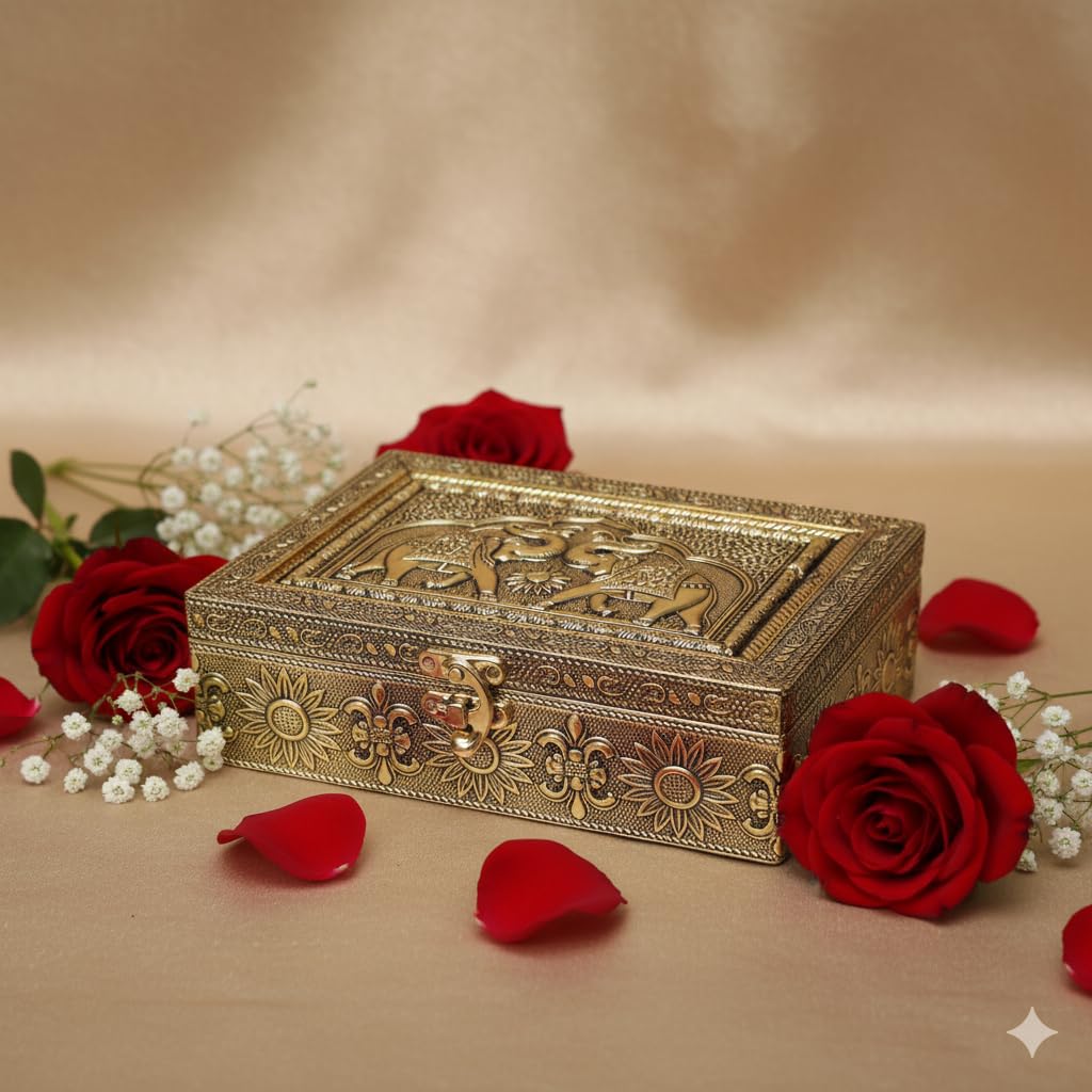 Meenakari Wooden Jewellery Box, Decorative Box Size (18 x13 CM), Oxidised Elephant Design, Jewellery Organizer Storage with Lock, Jewel Box Big Size With Velvet Lining, Multipurpose Gift Box-image-42