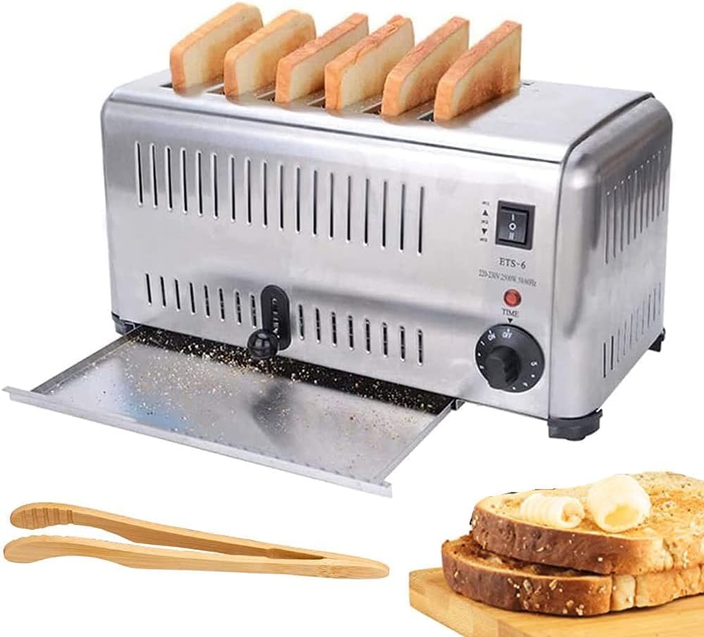 Toster na 6 kromek, komercyjny toster ze stali nierdzewnej, tostery o mocy 2500 W, wyjmowana tacka na okruchy do różnych rodzajów pieczywa(
