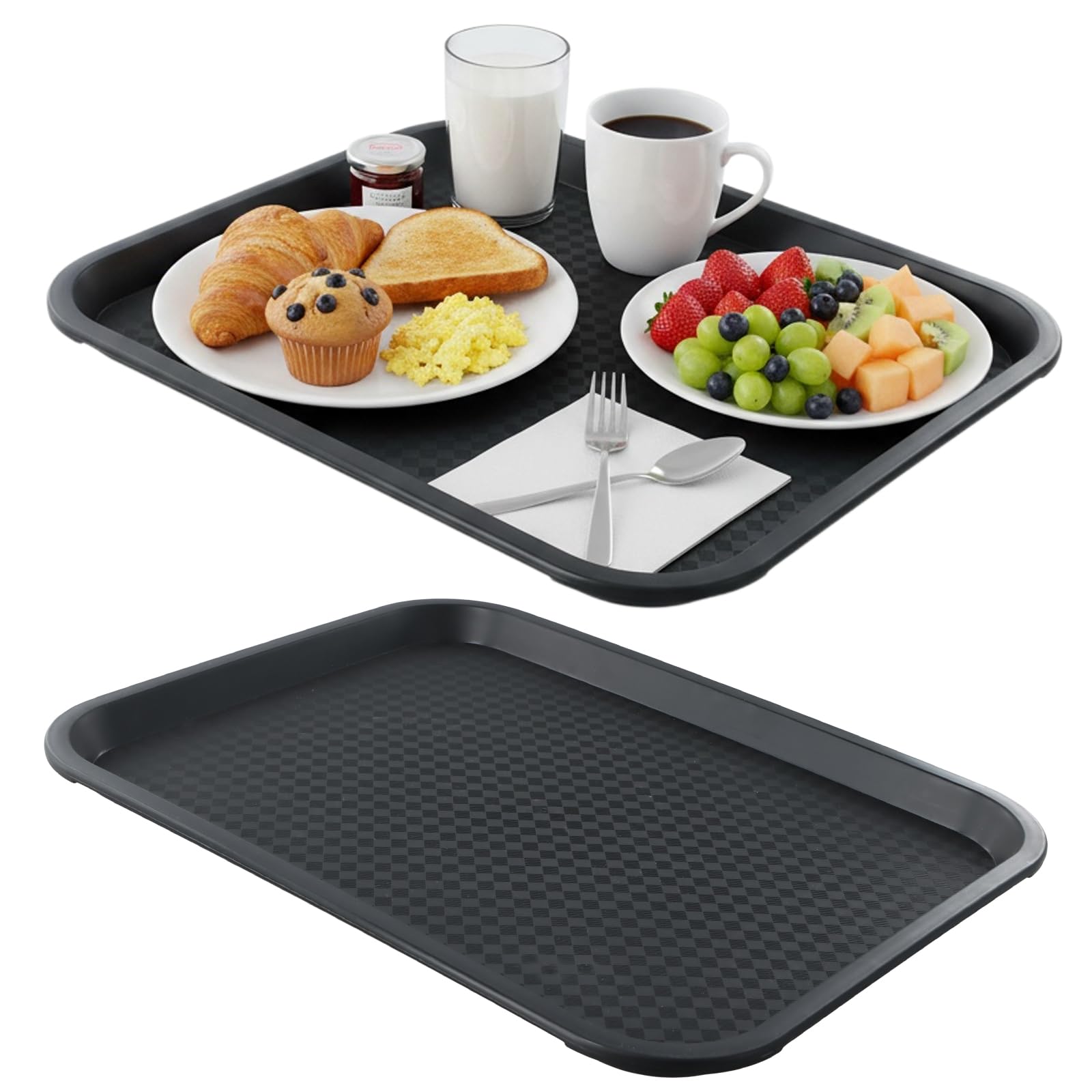 Serving Trays, 2PCS Plastic Non-Slip Food Tray, Breakfast Tray for Tea Snack Platter Home Decorative Storage, Stackable Trays for Bars Restaurants Kitchen Counter Bathroom Restaurant (Black)