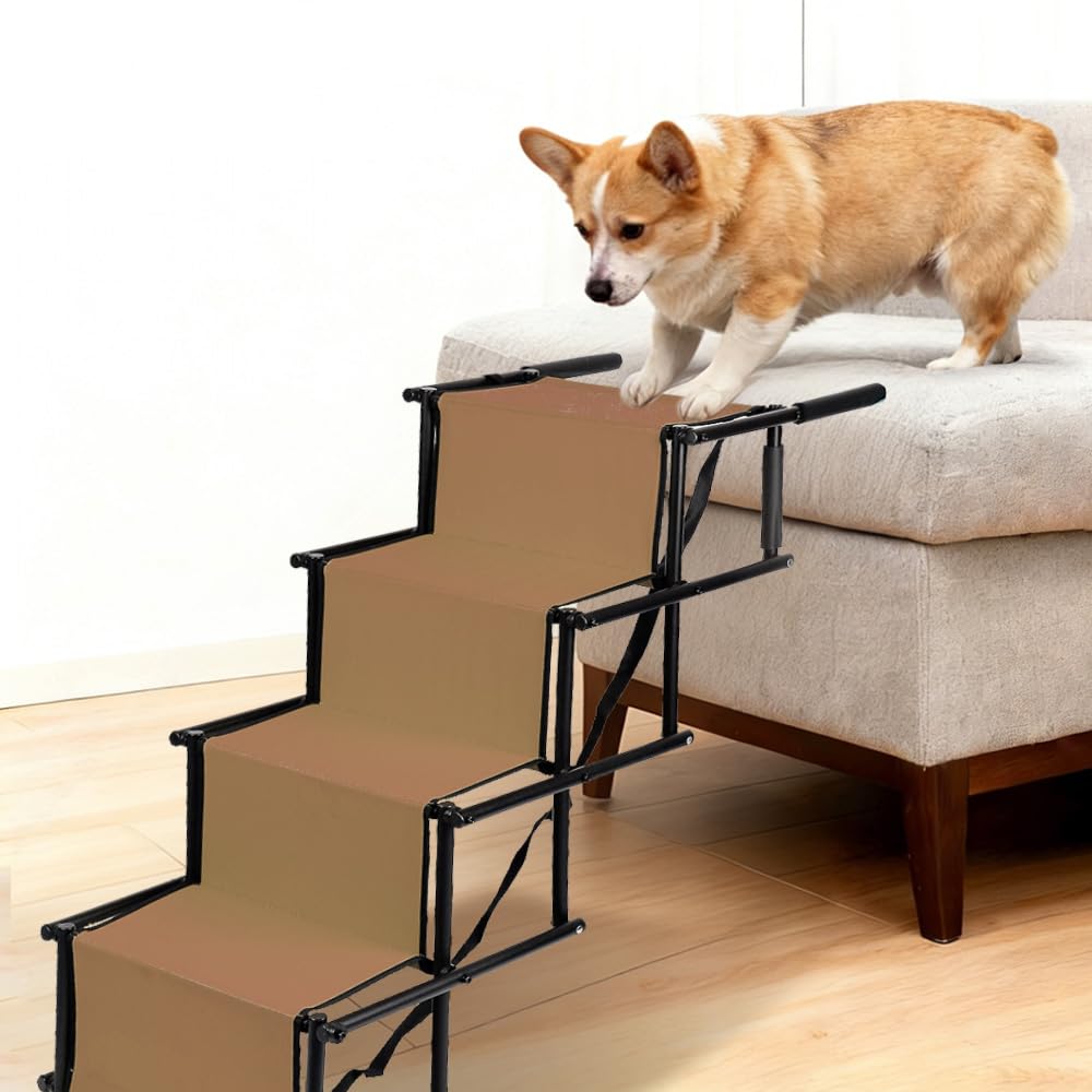 Rampe pour Chiens Charge Jusqu'à 60 kg, Escalier pour Chien Pliable, 5 Marches Escalier Chien Voiture, Réglable Hauteur 56-76 cm(22"-30"), Rampe Chiens pour Voiture, Canapé ou Lit (Marron)
