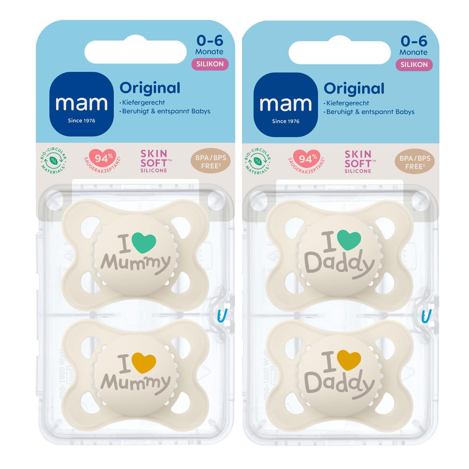 MAM Skin Soft siliconen fopspeen // I love mummy & daddy // 0-6 Mo. Girl // set van 4 // incl. 2 steriliserende trasportboxen