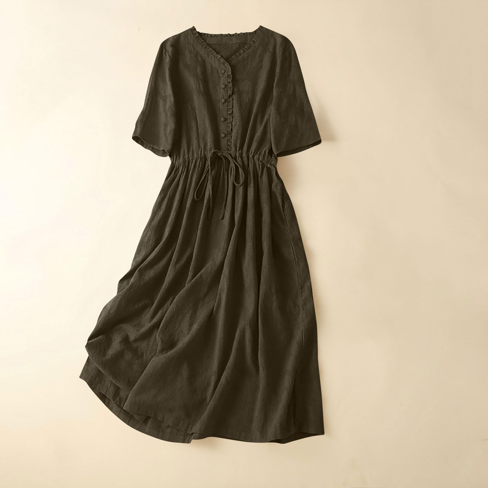 Vestido Mujer Verano Largo Vestidos Casual con Media Manga Cuello en V Color Sólido Elegante Vestido Jacquard con Botones y Cinturón Sueltos Cómodo Vestido Midi Línea A para Uso Diario