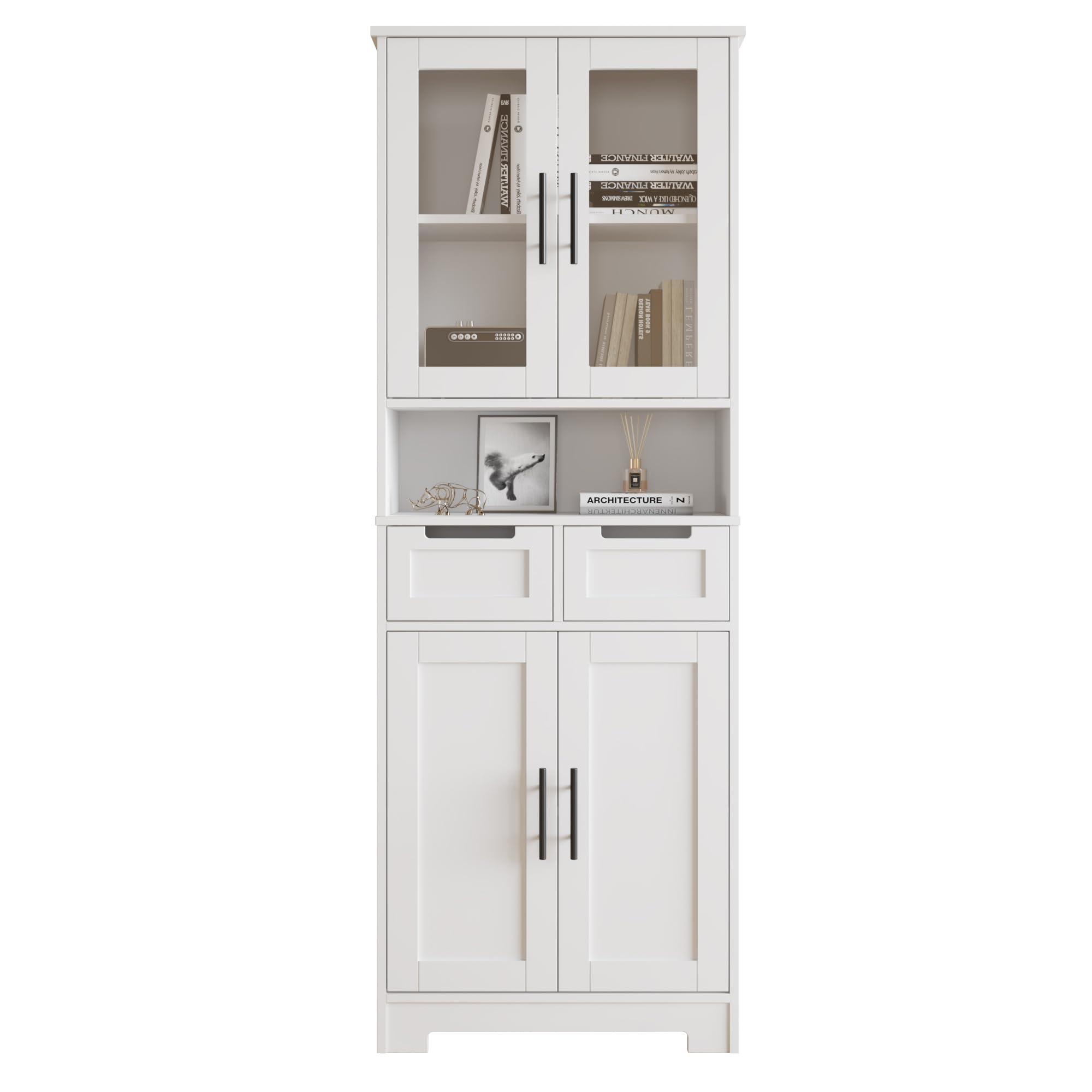 Bonnlo Küchenschrank, Vitrinenschrank, Hochschrank mit 4 Türen und 2 Schubladen, wohnzimmerschrank, für Wohnzimmer Küche Esszimmer Büro, 170x 60x30cm, Weiß