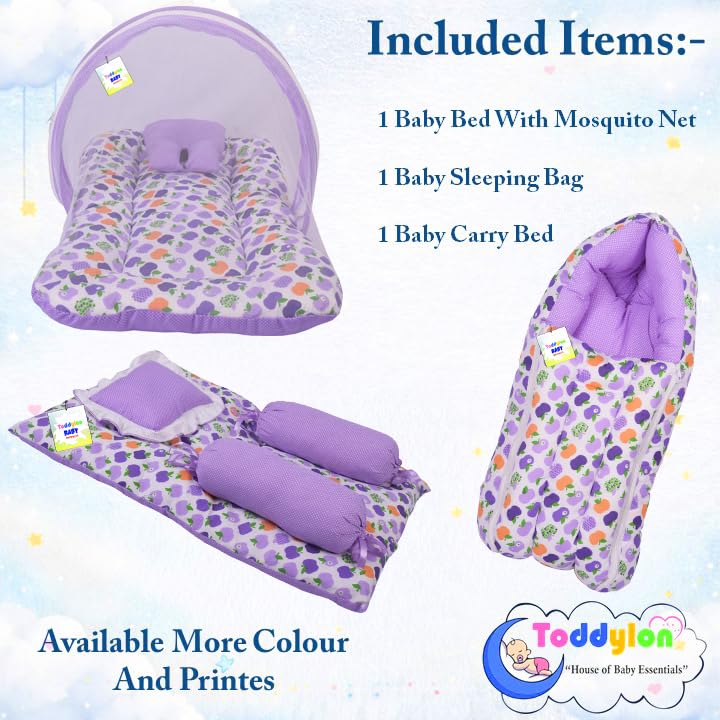 Image of Toddylon Baby Bed New Born Baby Bedding Set | Mosquito Net | Carry Bag | Mattress | Carry Bag | Essentials Combo | Cotton | Infants | Baby Boys & Baby Girls | Beds (0-6 Months) (3PCS Set)