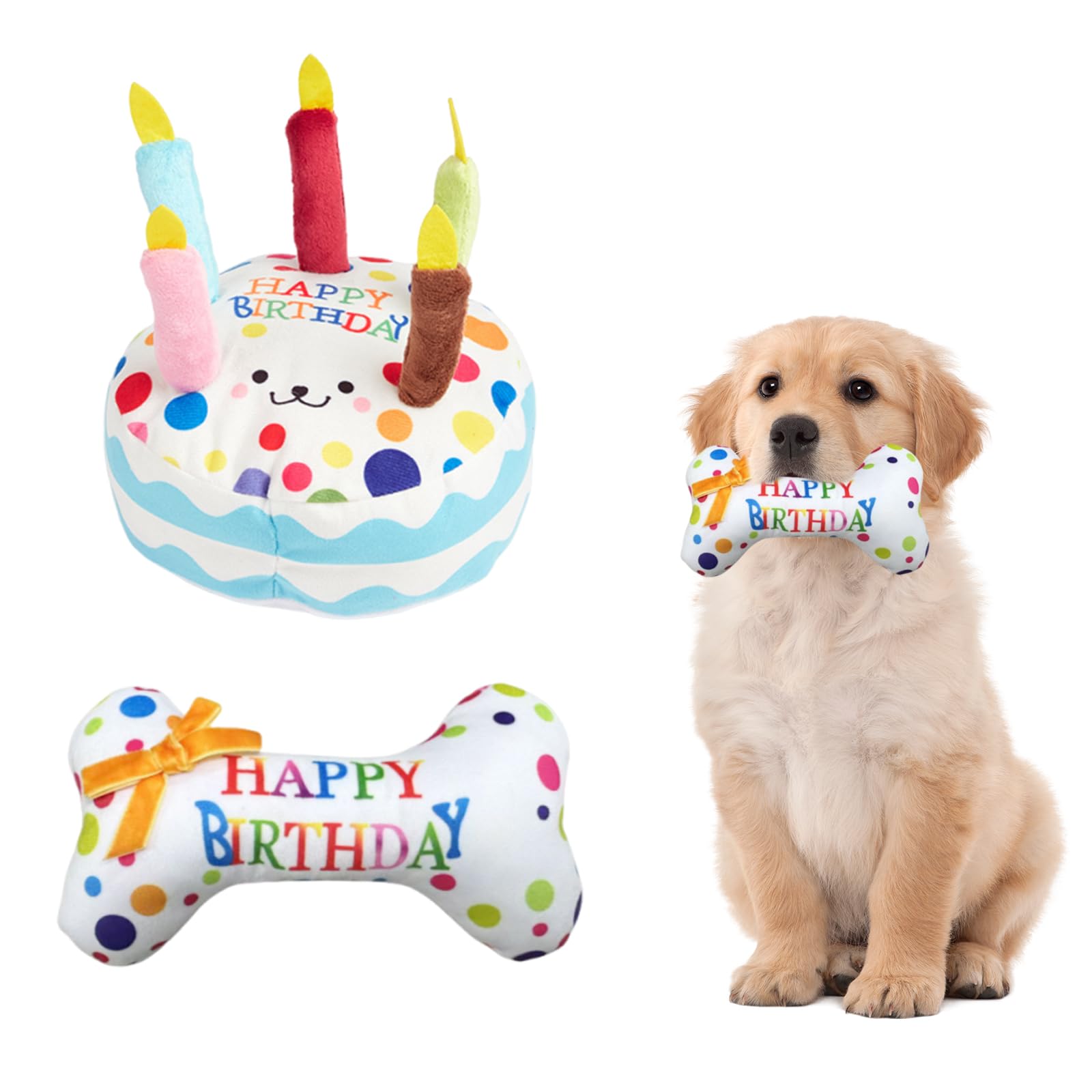 Copbopwn 2 Pcs Dog Birthday Cake Toy Set Plush Cake & Bone Chew Toys with Squeakers Fun Dog Birthday Present Interactive Pet Birthday Gifts for Small Medium Dogs Puppy Playtime Celebration