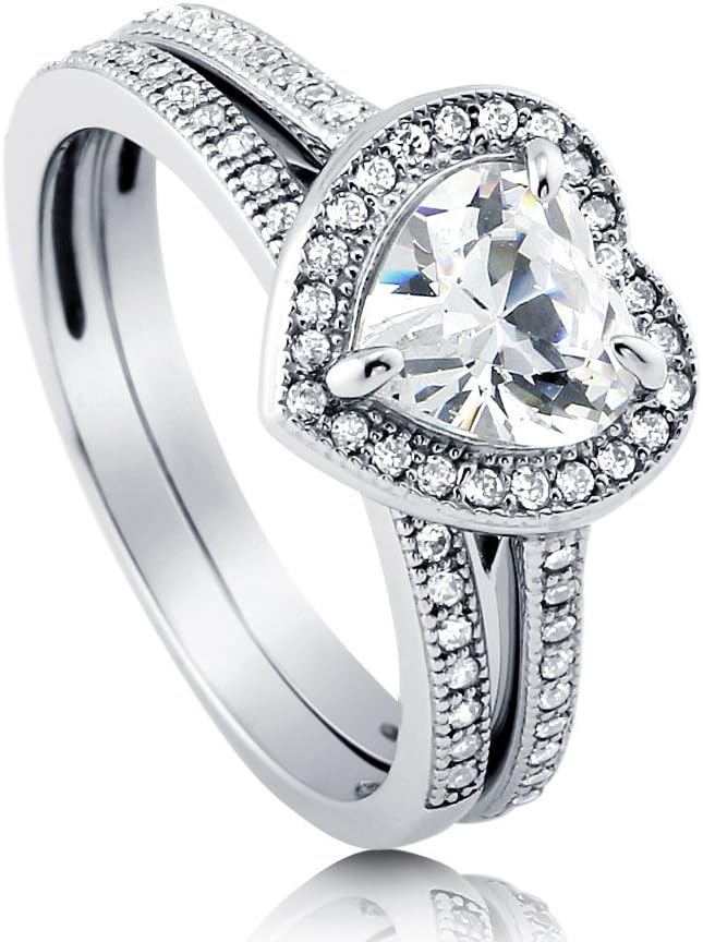 BERRICLE Sterling Silver Halo Wedding Engagement Rings Heart Shaped Cubic Zirconia CZ Heart Ring Set for Women, Rhodium Plated