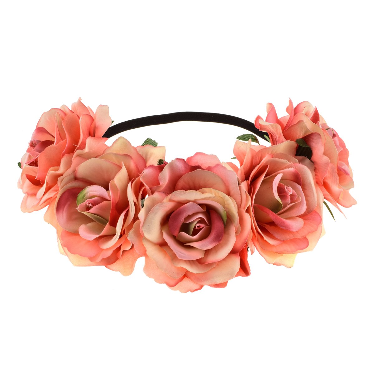 June Bloomy Rose Floral Crown Garland Flower Headband Headpiece for Wedding Festival, Peach, One size