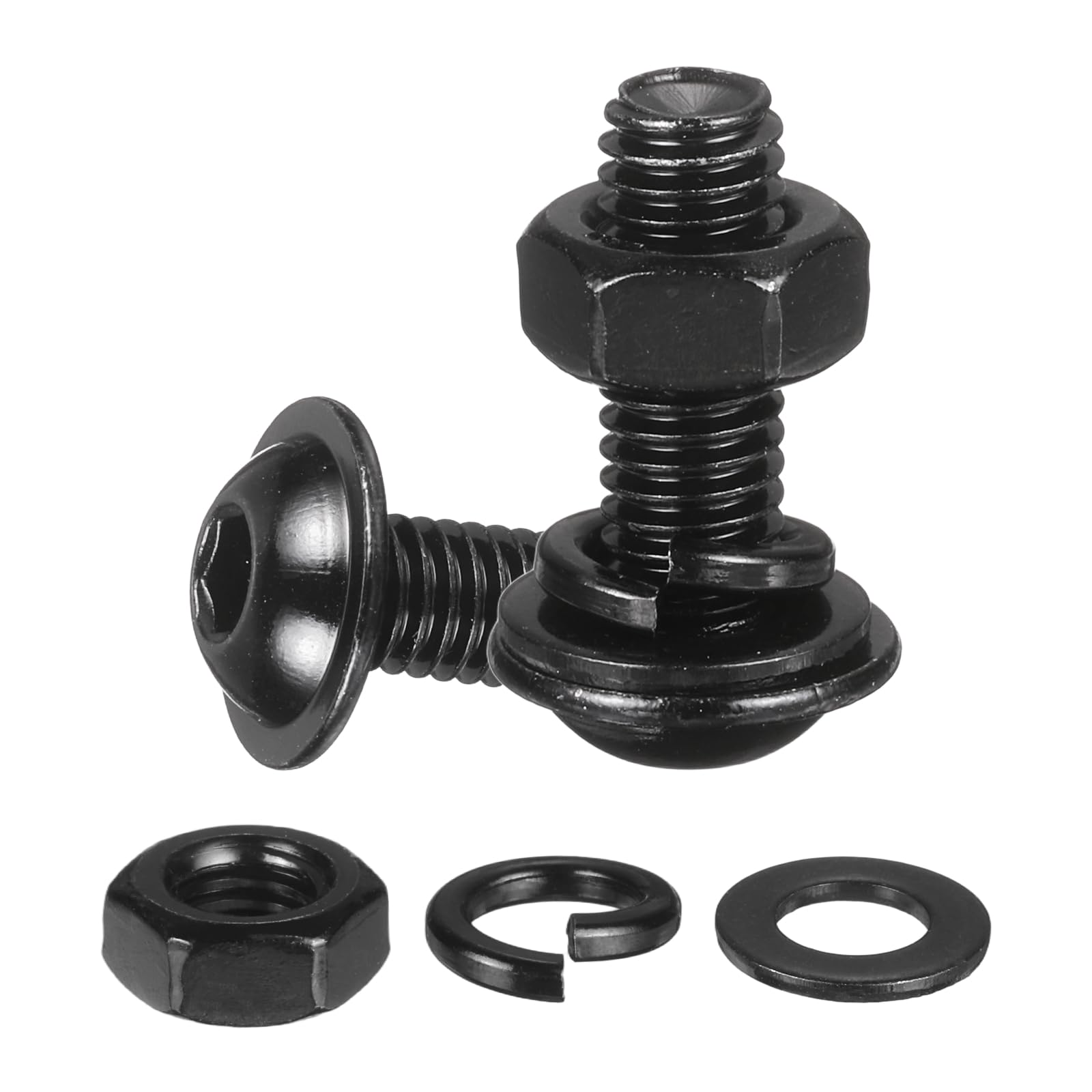 M METERXITY 10 Set M6 x 18mm Flanged Button Head Socket Cap Screws, Black 304 Stainless Steel 18-8 Hex Socket Head Screws Bolts, Nuts, Flat & Lock Washers for DIY, Furniture, Automotive