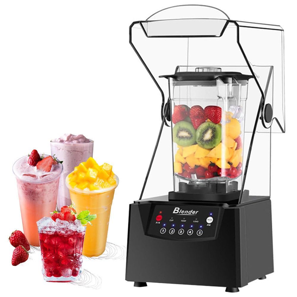 Quiet Commercial Blender with Soundproof Shield, Commercial Blender 2200W High Power, 2200 Watt Professional Blenders for Kitchen with 70oz Pitcher and Self-Cleaning, Removable Shield,2*CrushedCup