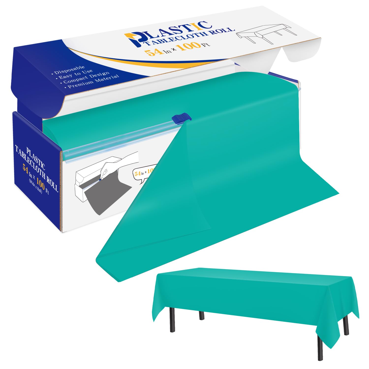 YSYJ Plastic Table Cover Roll Teal Disposable Table Cloth 54 in x 100 Ft, Plastic Table Cloths with Slide Cutter Table Cover for Parties