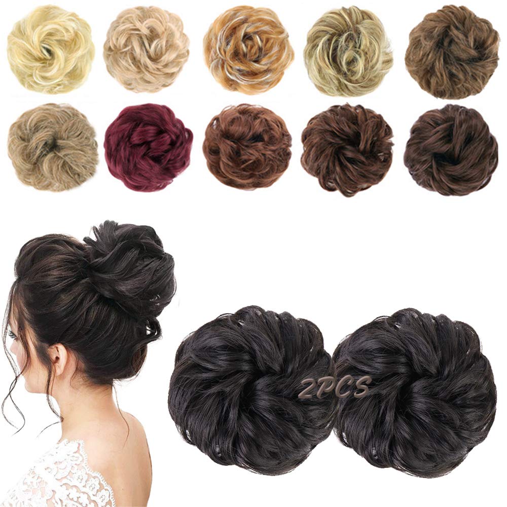 MORICA 2PCS Messy Hair Bun Hair Scrunchies Extension Curly Wavy fake hair bun Synthetic Chignon hair pieces for Women(Brown Black)