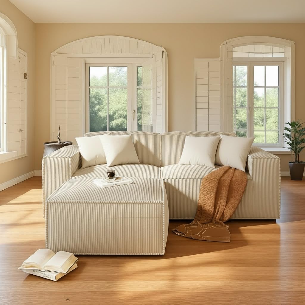 Pipishell Modular Sofa, Cloud Couch with Deep Seat, Movable Ottoman, Hight Back Plush Corduroy Upholstered Couches, Sectional Couches for Living Room,