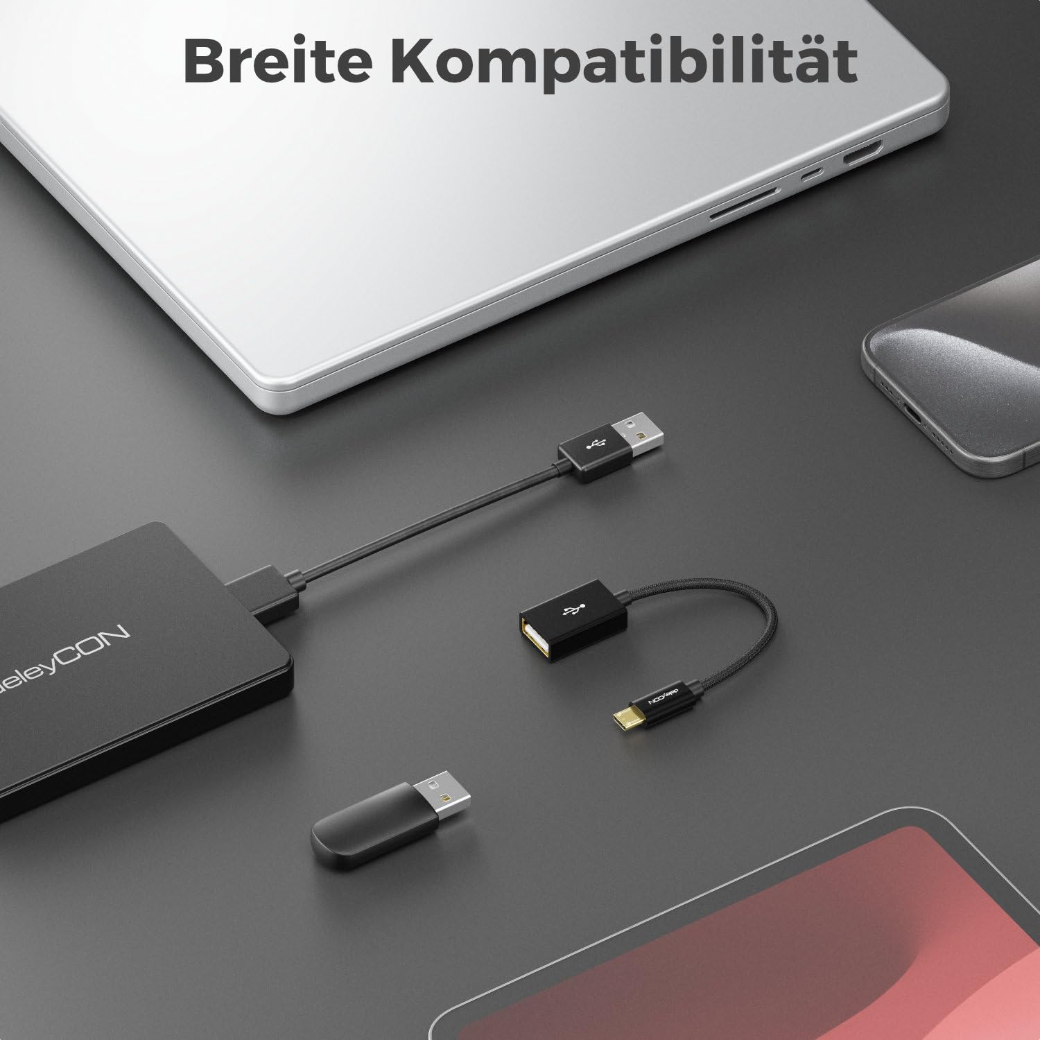 deleyCON 2 Sztuki Adapter OTG USB 2.0 Kabel Nylonowy + Metalowe Złącza - Micro USB na Gniazdo USB-A Kabel Danych - Łączenie Smartfona i Tabletu z Pendrive’em - 10 cm Krótki - Czarny