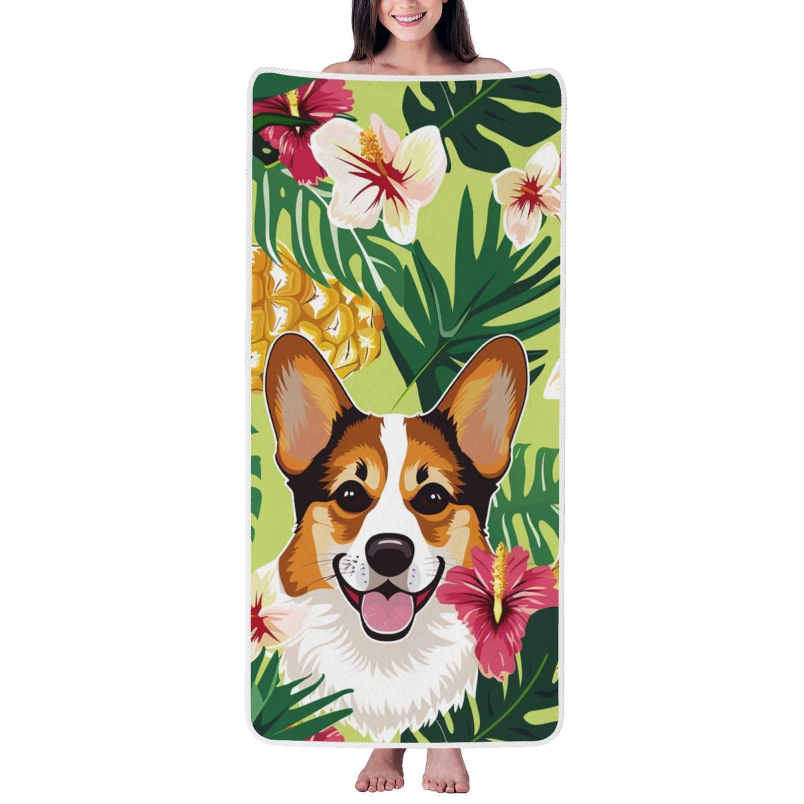 WPKJU Corgi Hawaiian Tropical Summer Pineapple Printed Bath Towel with White Edging - 27x55 in Soft Extra Absorbent Coral Velvet Shower Towels for Bathroom
