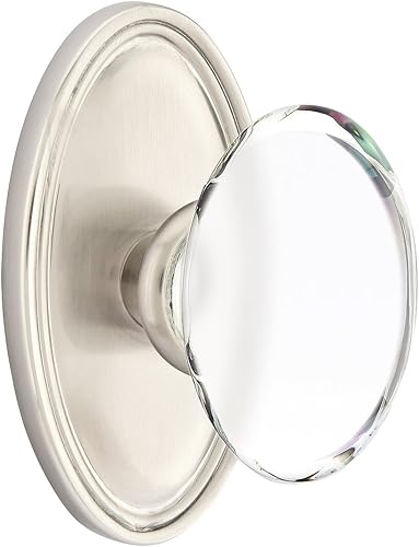 Miniatura 1 de Juego de puerta de roseta ovalada con pomos de cristal Hampton doble simulado en níquel satinado