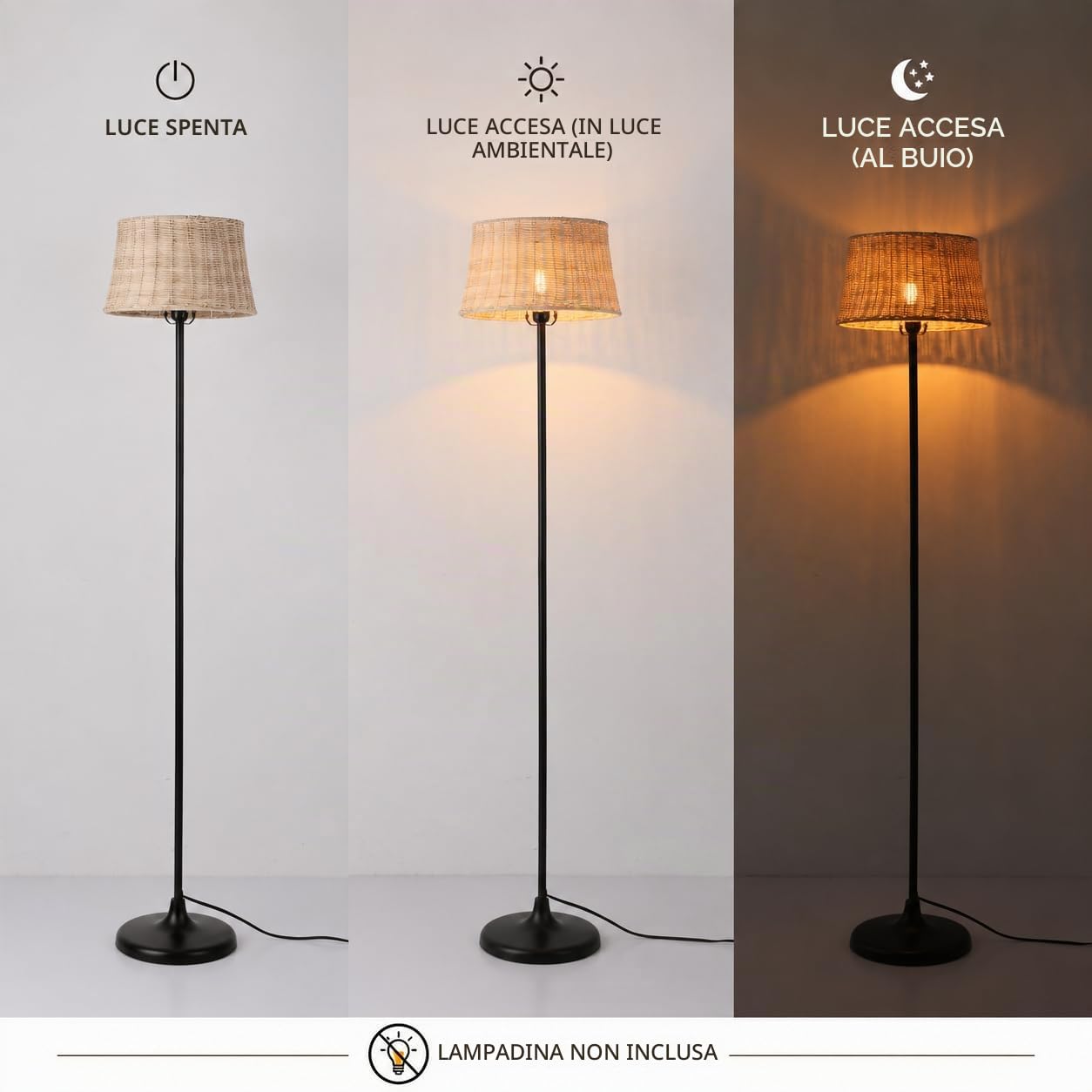 Alpinaluz Lampada da Terra E27 Paralume Bambù Vimini Struttura Nera 147 cm | Paralume intrecciato a mano Ø28 cm e base in metallo nero, stile nordico boho per soggiorno, camera, divano e lettura