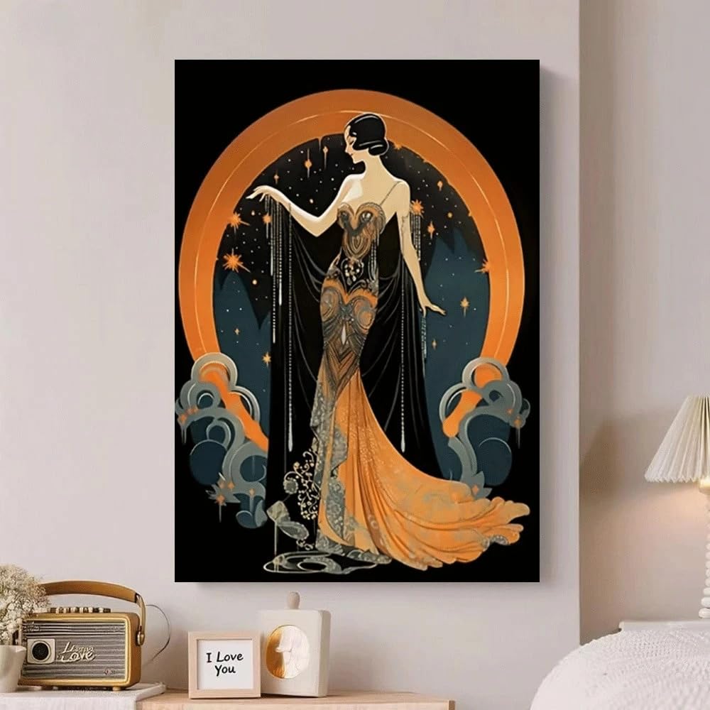 VCBNUGH Decorazione murale in stile Flapper, arte geometrica con stelle celesti, decorazione glamour per la casa, stampa su tela (50x70 cm/con cornice)