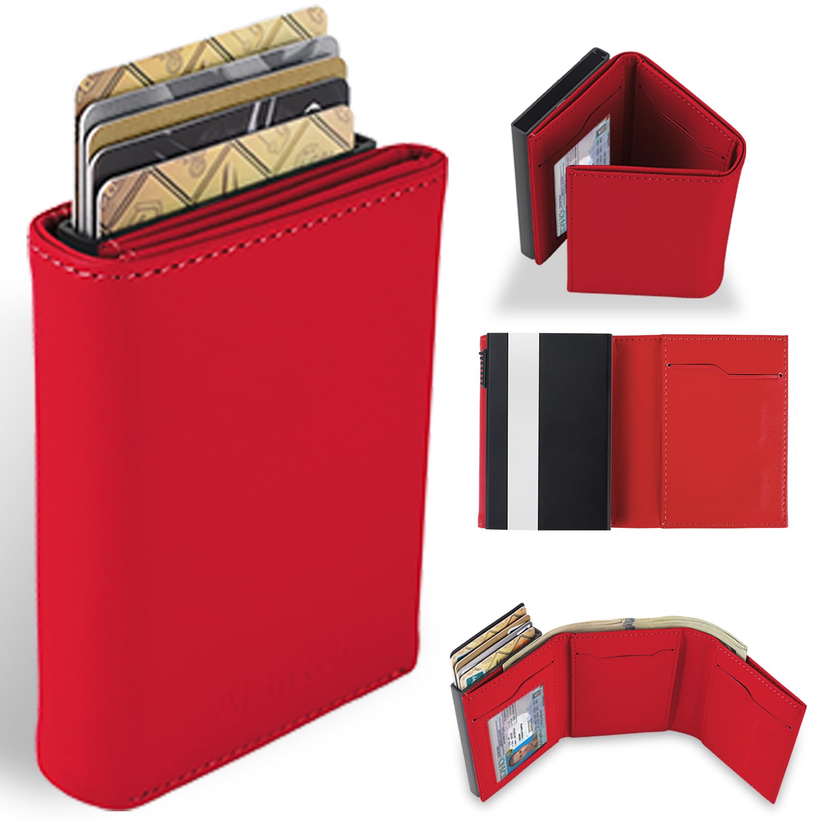 Aibirui Small Wallet for Men-Pop Up Card Case,with Money Clip Slim Leather Slots Credit Card Holder RFID Blocking Trifold Minimalist Wallet with ID