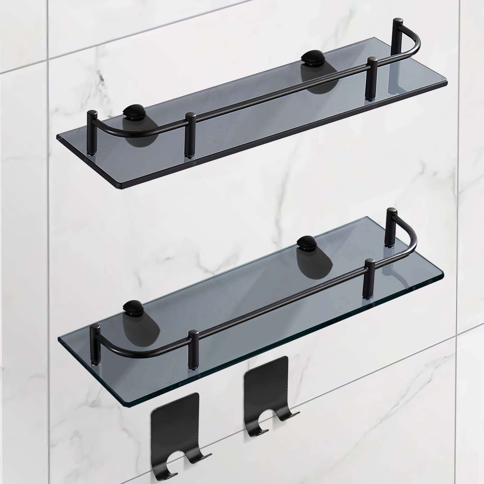 VASUHOME2 Tier Bathroom Glass Shelves, Tempered Glass Bathroom Wall Organizer with Black Guardrail, and 2 Metal Hooks - Wall Mounted Rectangular Shelves for Storage and Display